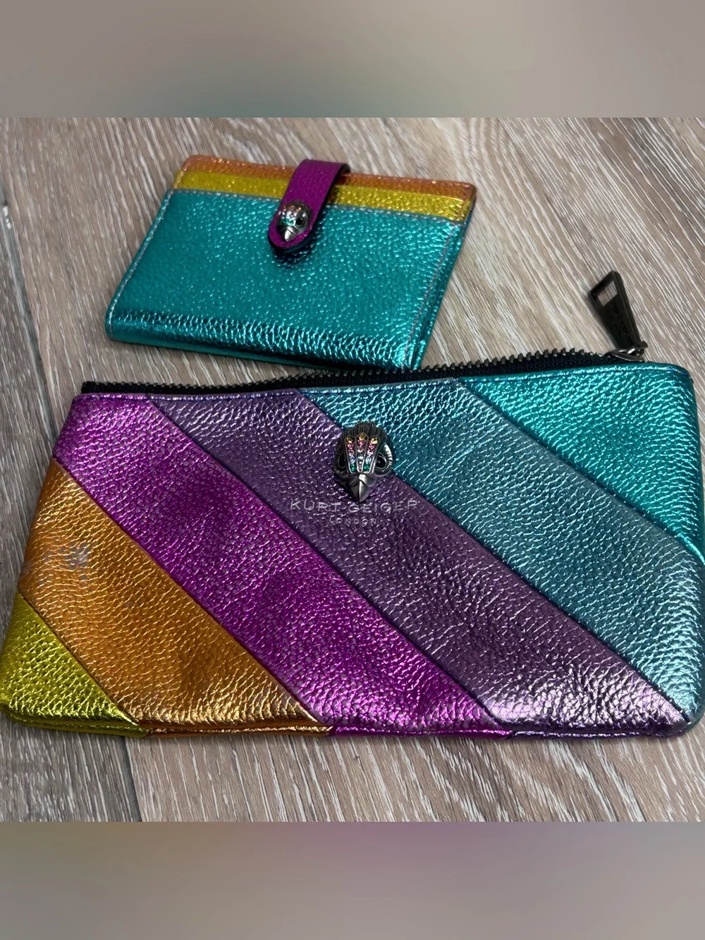 Kurt Geiger Metallic Rainbow Leather Pouch & Wallet Set - Teal, Purple, Gold